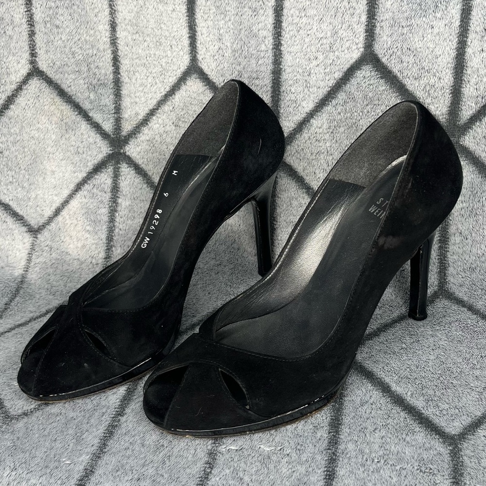 Stuart Weitzman Black Peep-Toe Suede Leather Pumps High Heels
